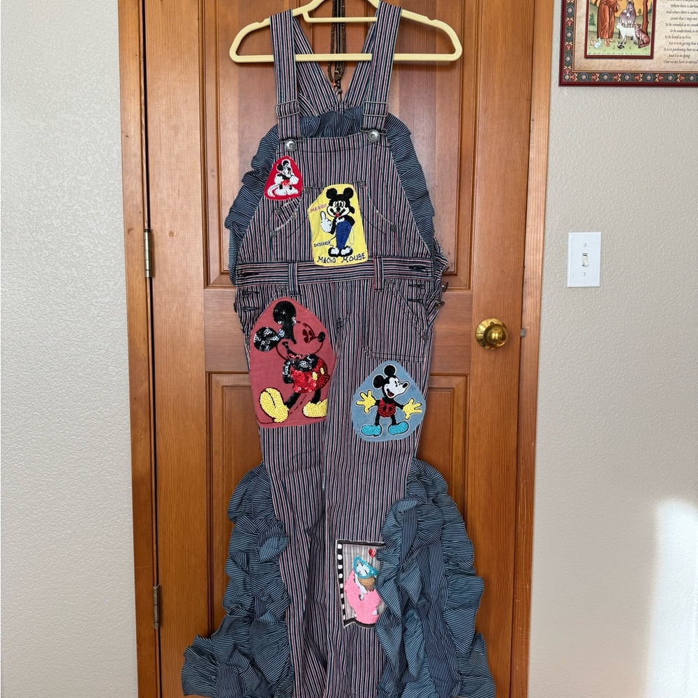 Mickey Mouse Striped Denim Overalls with Sequin Patches